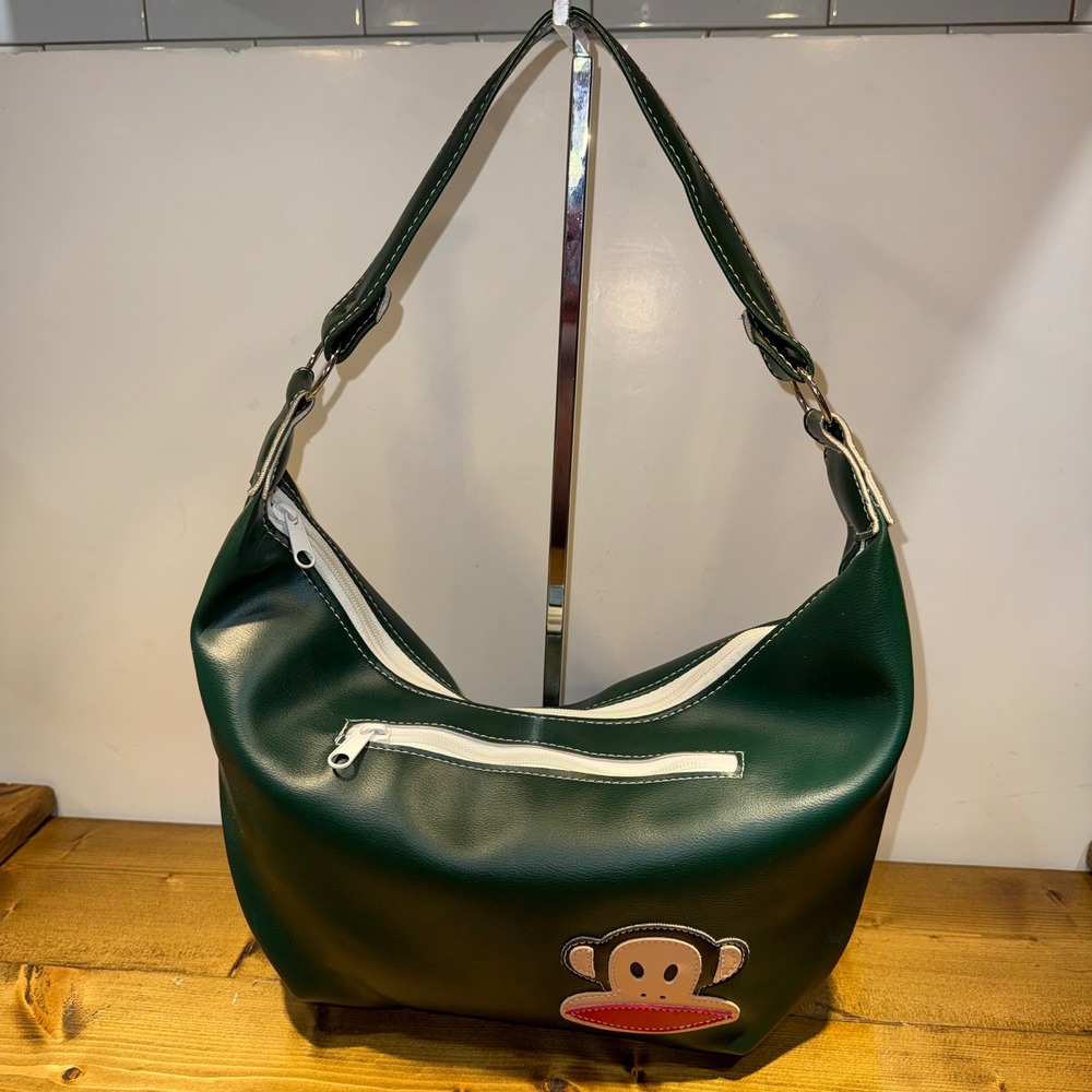 Vintage 2004 Paul Frank Julius Monkey Green Vinyl Hobo Shoulder Bag Y2K